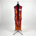 Red Ombre Pentecost Stole shown front on with the dove and rising flame embroidery visible