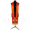 Red-orange Pentecost stole on a mannequin, gold dove, vine of crosses and flame embroidered down both panels.