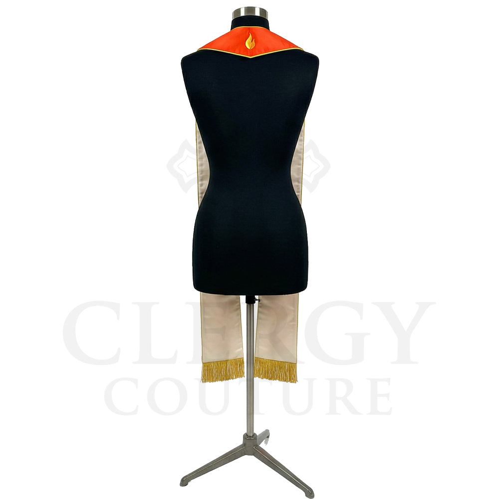 Back view of the red-orange Pentecost stole, gold-edged yoke and cream lining, gold bullion fringe at the hem.
