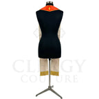 Back view of the red-orange Pentecost stole, gold-edged yoke and cream lining, gold bullion fringe at the hem.