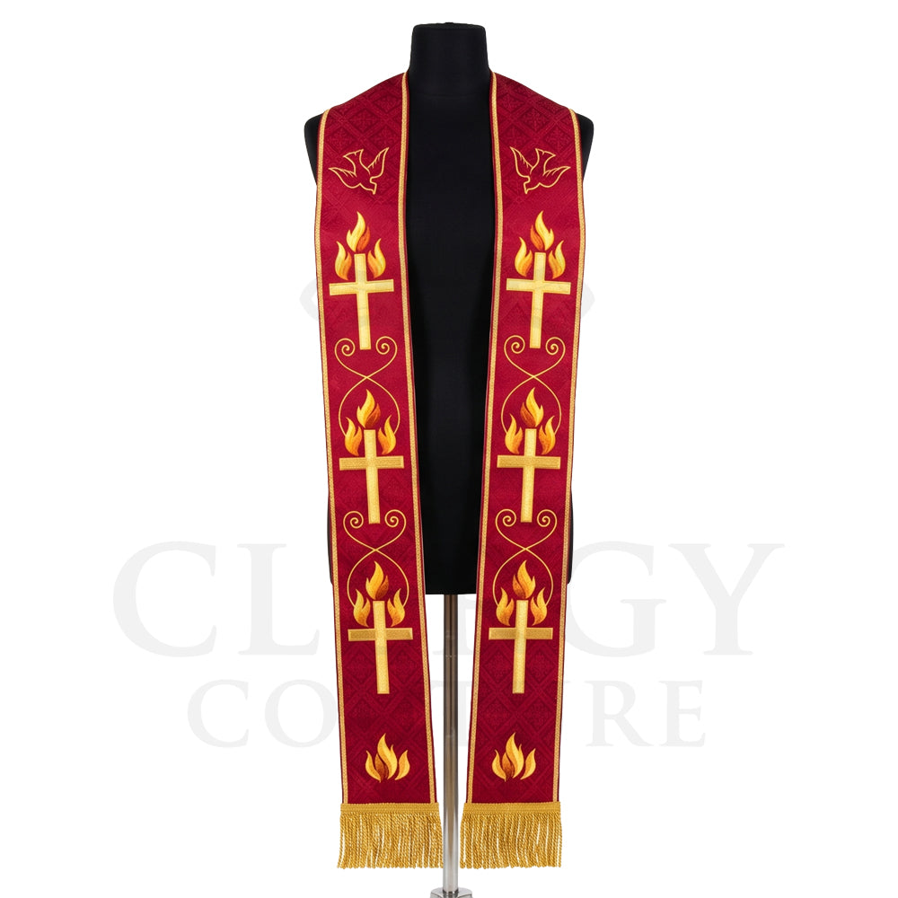 Red stole laid flat with a small gold dove and a repeating flame-and-cross motif linked by scrollwork down each panel.