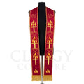 Red stole laid flat with a small gold dove and a repeating flame-and-cross motif linked by scrollwork down each panel.