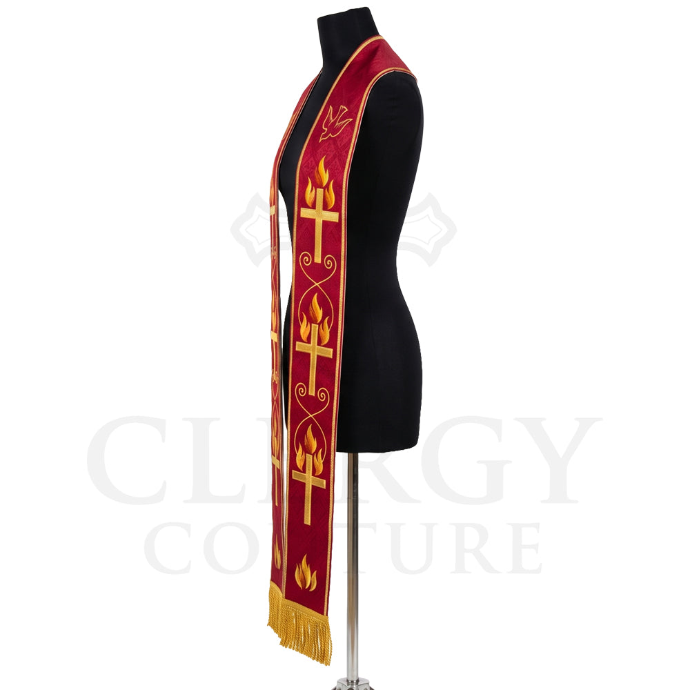 Side view of the red Pentecost stole on a dress form, showing the repeating dove, flame and cross pattern.