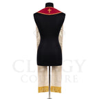 Back view of the red Pentecost stole on a dress form, showing a velvet-look collar and ivory-toned reverse panels.