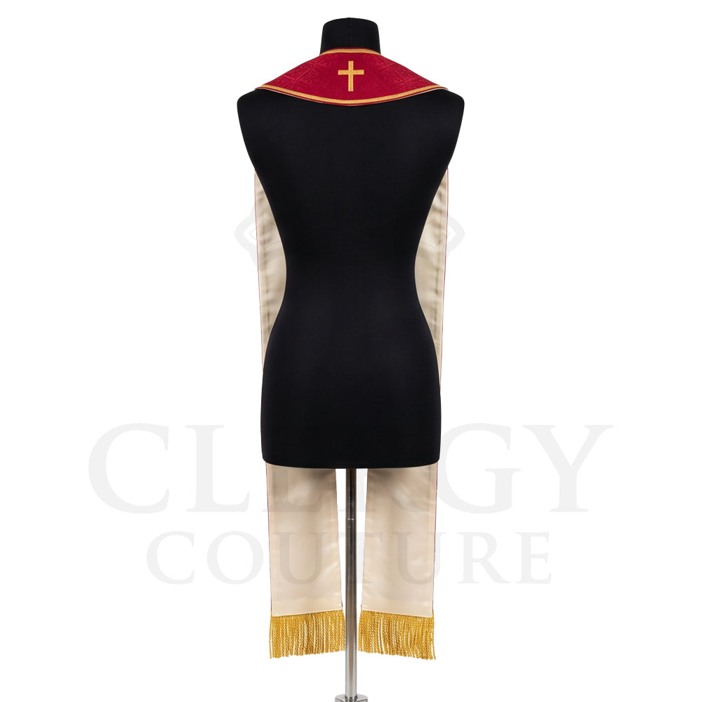 Back view of the red Pentecost stole on a dress form, showing a velvet-look collar and ivory-toned reverse panels.