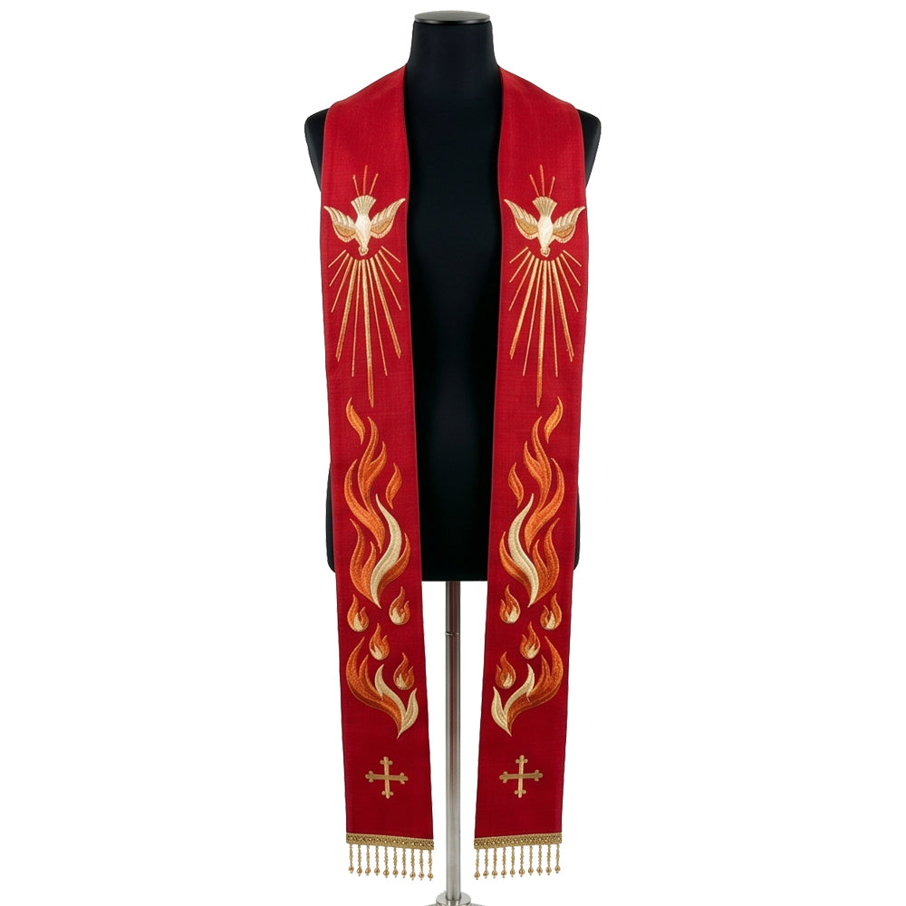 Red Pentecost stole on a mannequin, gold dove with radiating rays, flame and small cross on both panels.