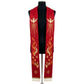 Red Pentecost stole on a mannequin, gold dove with radiating rays, flame and small cross on both panels.
