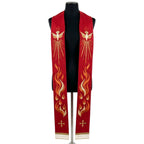 Red Pentecost stole on a mannequin, gold dove with radiating rays, flame and small cross on both panels.
