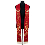 Red Pentecost stole on a mannequin, gold dove with radiating rays, flame and small cross on both panels.