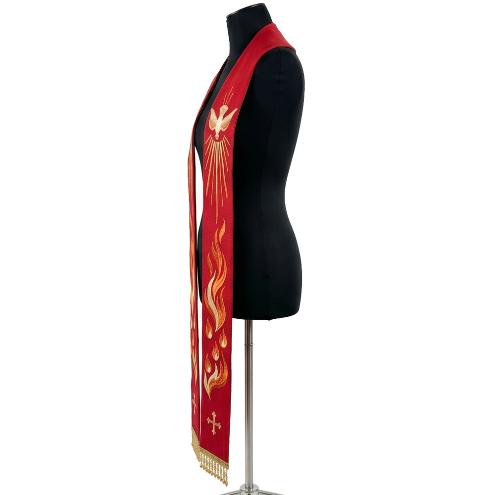 Close-up of the red Pentecost stole's radiant gold dove and flame embroidery on one panel.