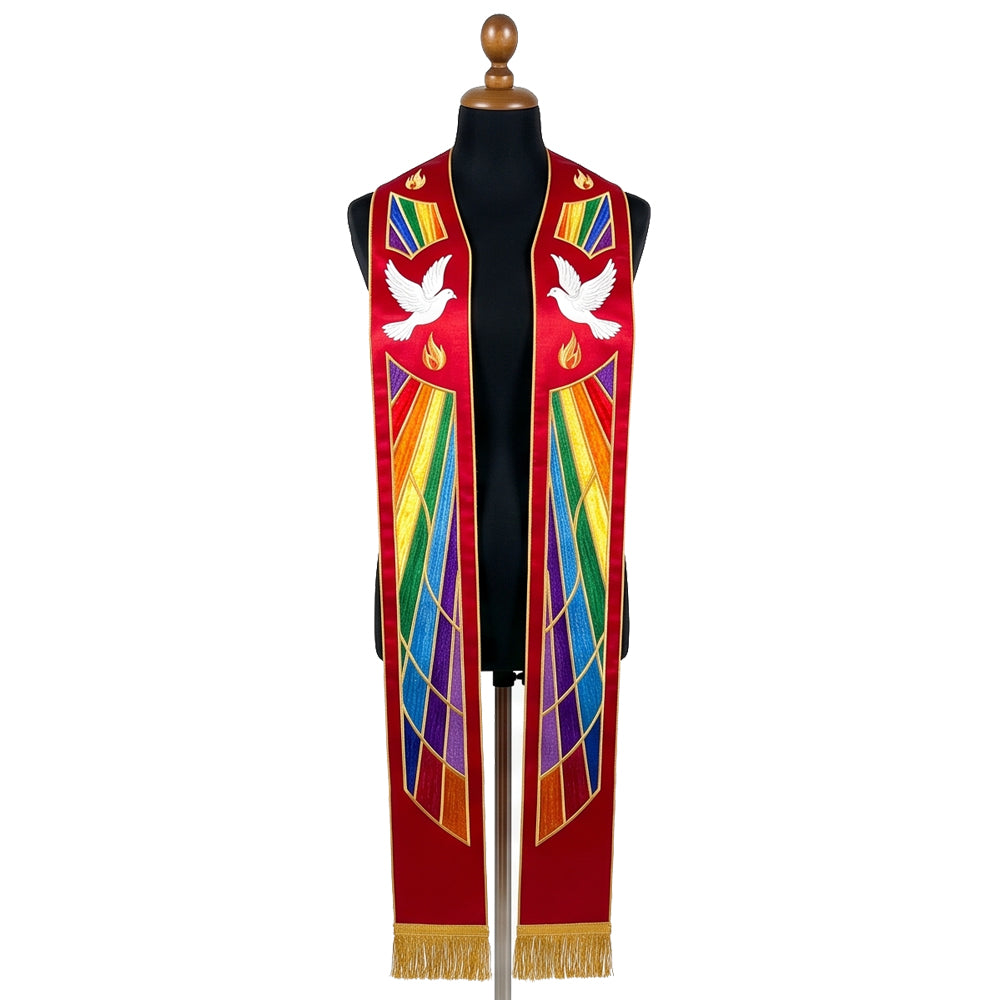 Red satin stole laid flat with a gold flame and dove above an angular stained-glass style rainbow panel on each side.