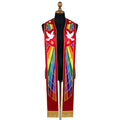 Red satin stole laid flat with a gold flame and dove above an angular stained-glass style rainbow panel on each side.