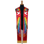 Red satin stole laid flat with a gold flame and dove above an angular stained-glass style rainbow panel on each side.