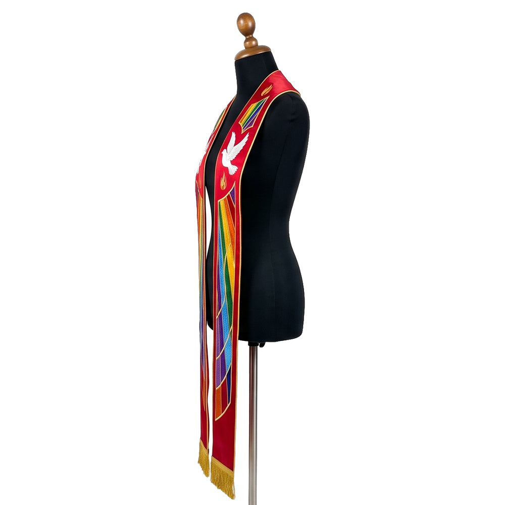 Side view of the red stained-glass rainbow stole on a dress form, showing the dove and geometric colour blocks.