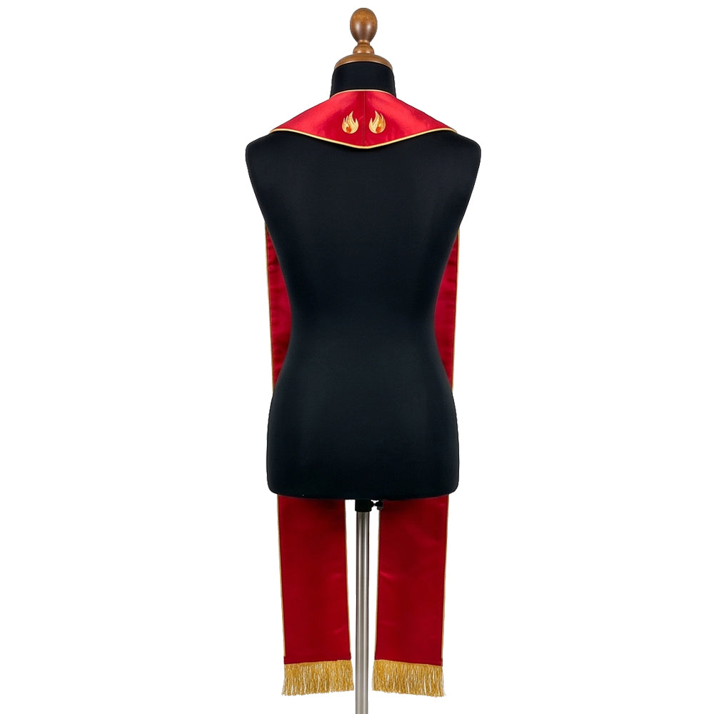 Back view of the red stained-glass stole on a dress form, showing two small gold flames at the collar.