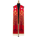 Red Pentecost stole on a mannequin, white dove, flame and rooted tree of life embroidered on both panels.