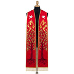 Red Pentecost stole on a mannequin, white dove, flame and rooted tree of life embroidered on both panels.
