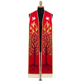 Red Pentecost stole on a mannequin, white dove, flame and rooted tree of life embroidered on both panels.