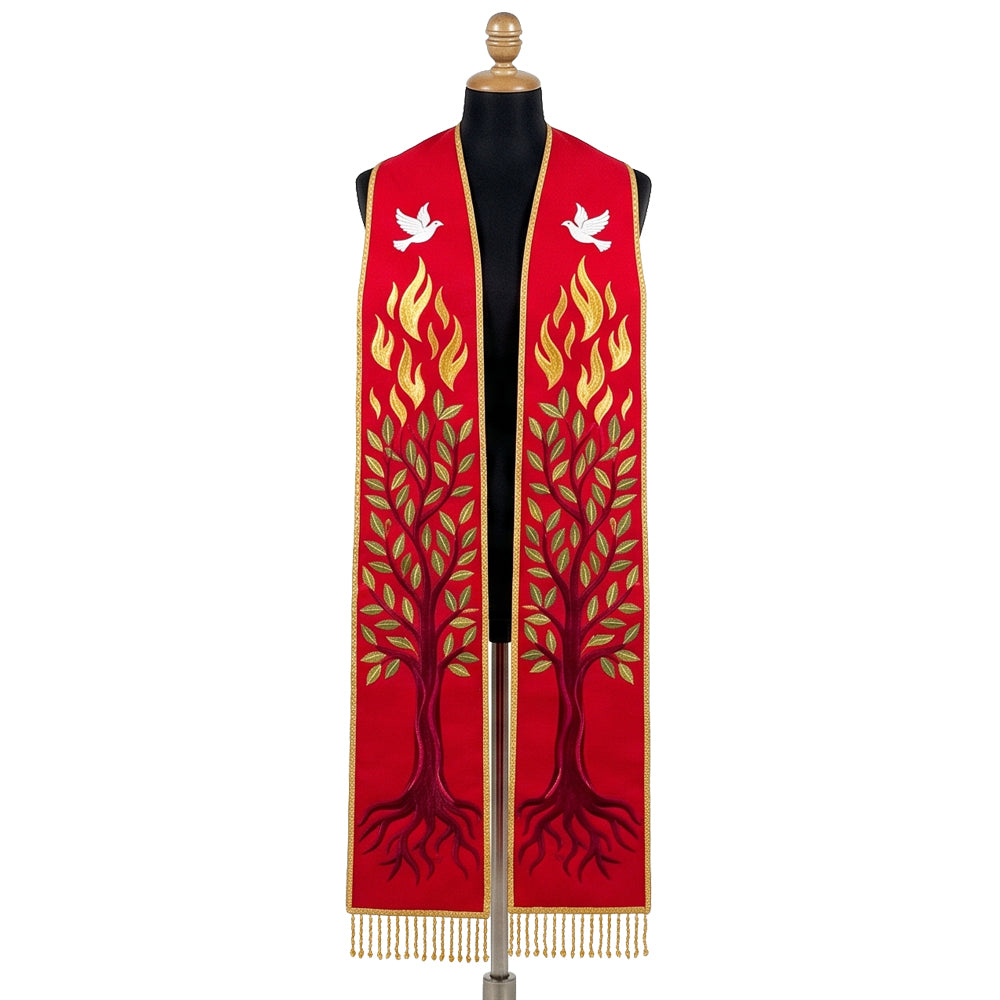 Red Pentecost stole on a mannequin, white dove, flame and rooted tree of life embroidered on both panels.