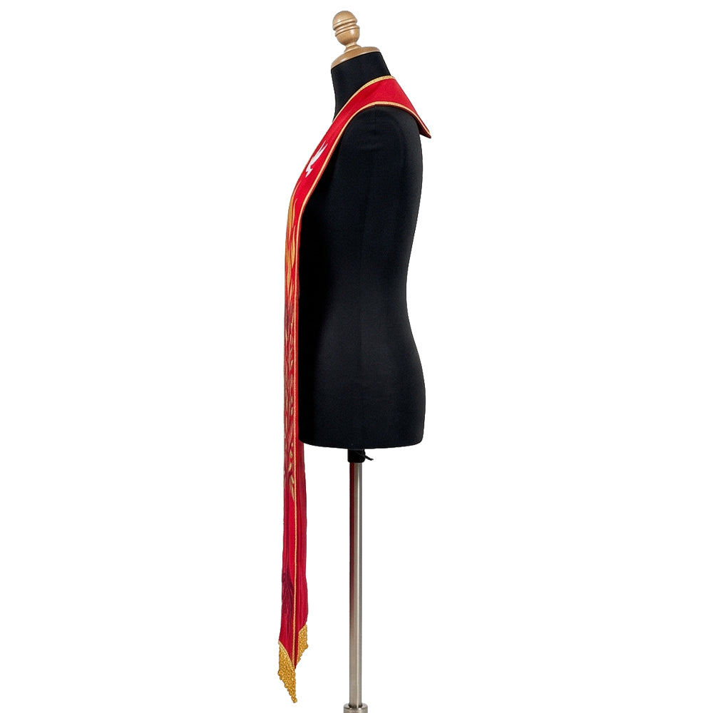 Angled view of the red Pentecost stole showing the dove, flame and top of the tree trunk on one panel.