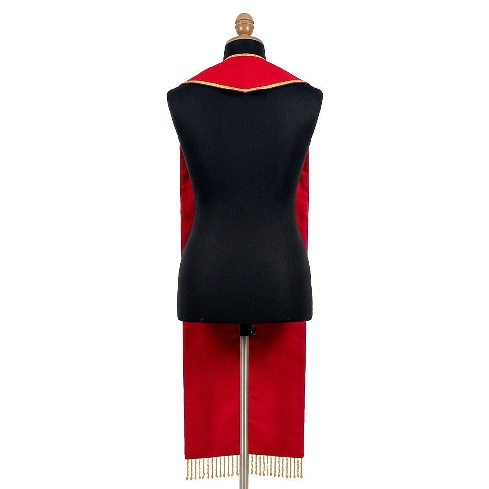 Back view of the red Pentecost stole's plain red panels and gold bead fringe, no embroidery on this side.