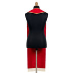 Back view of the red Pentecost stole's plain red panels and gold bead fringe, no embroidery on this side.