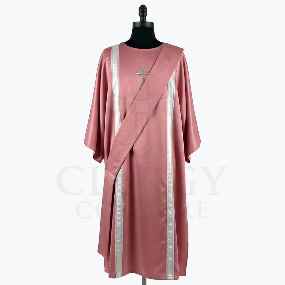 Rose satin dalmatic with silver bands and a slender silver cross at the breast, front view with the matching deacon's stole worn across the body