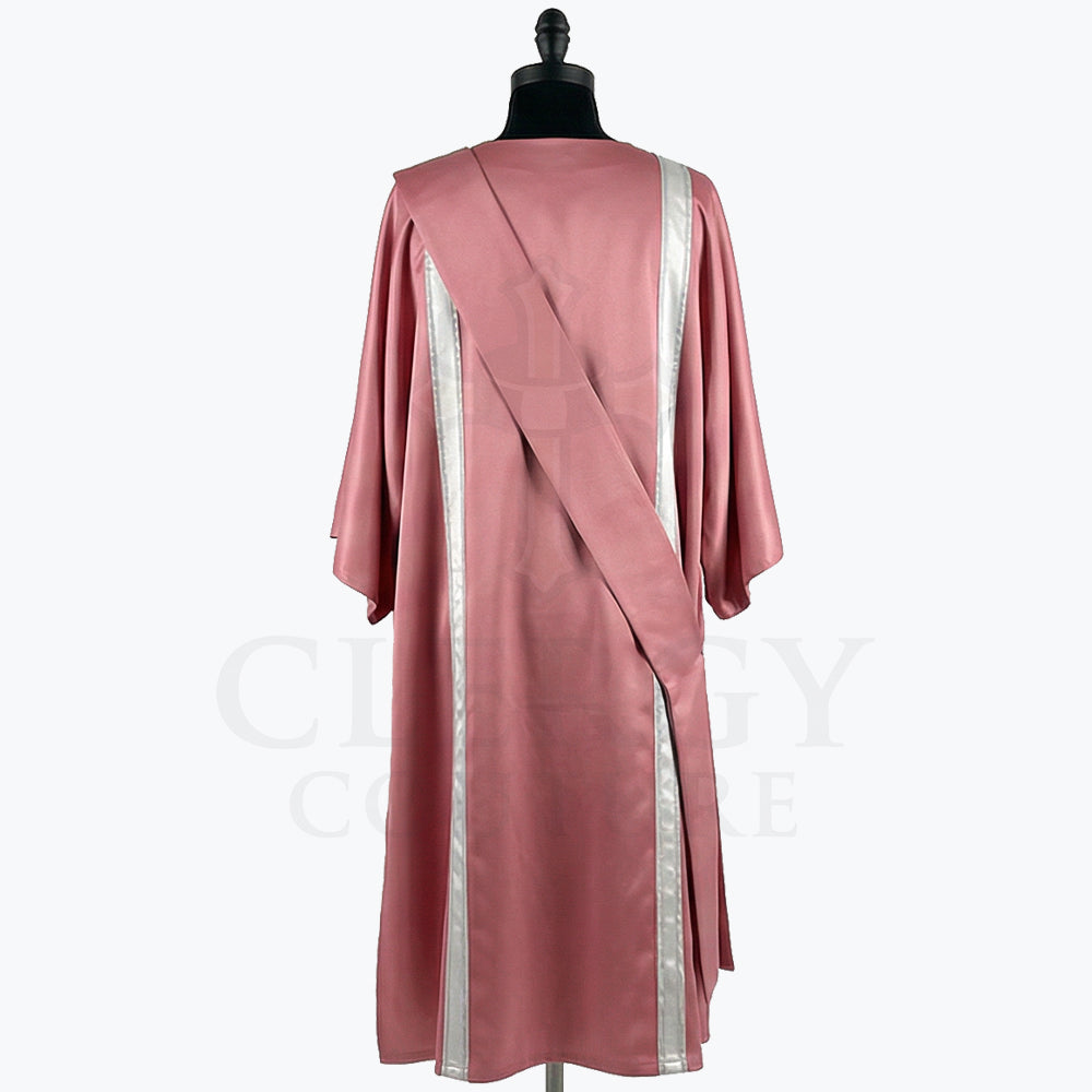Back view of the rose dalmatic showing the silver clavi bands running the full length and the stole crossing the back