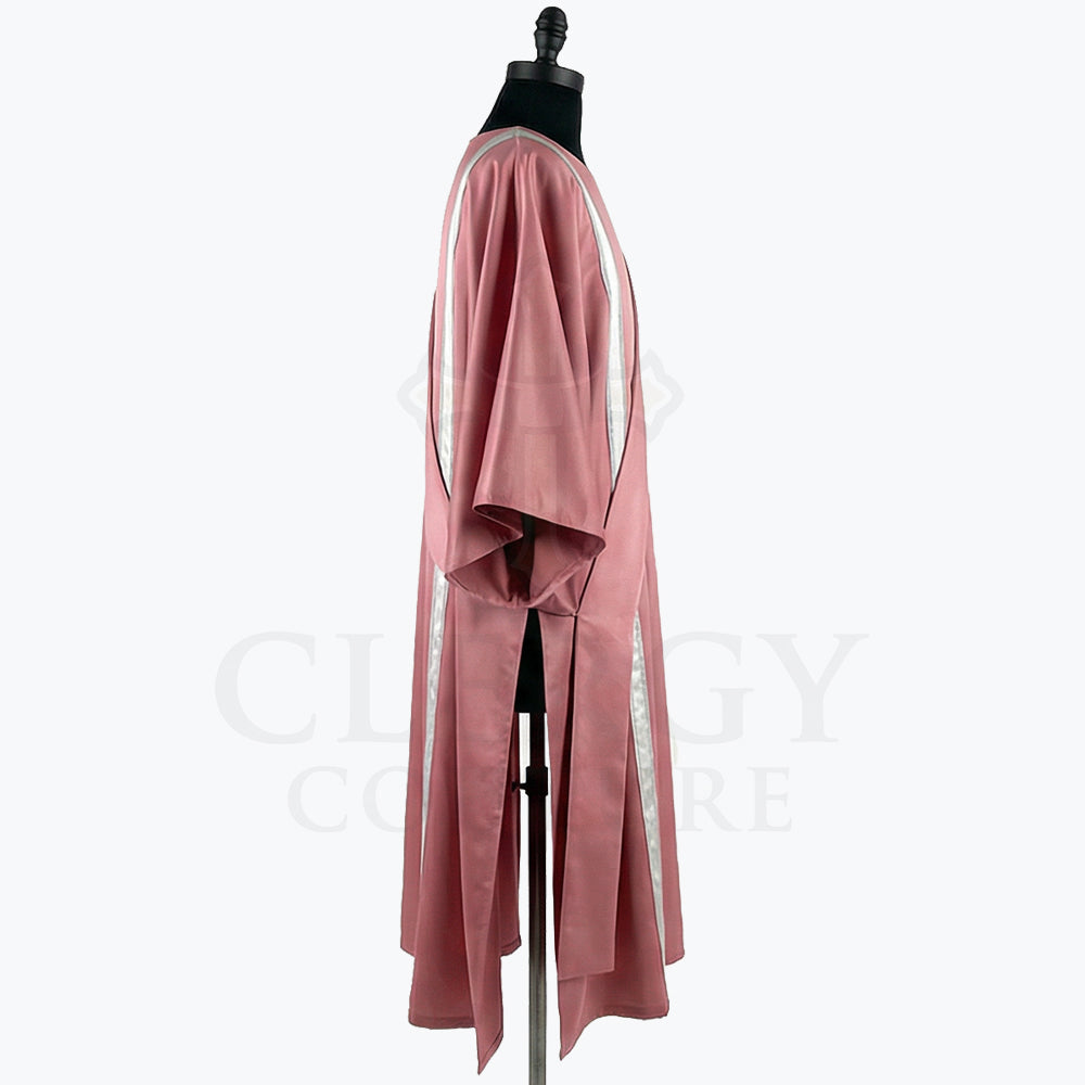 Side view of the rose dalmatic showing the wide open sleeve and the side slit