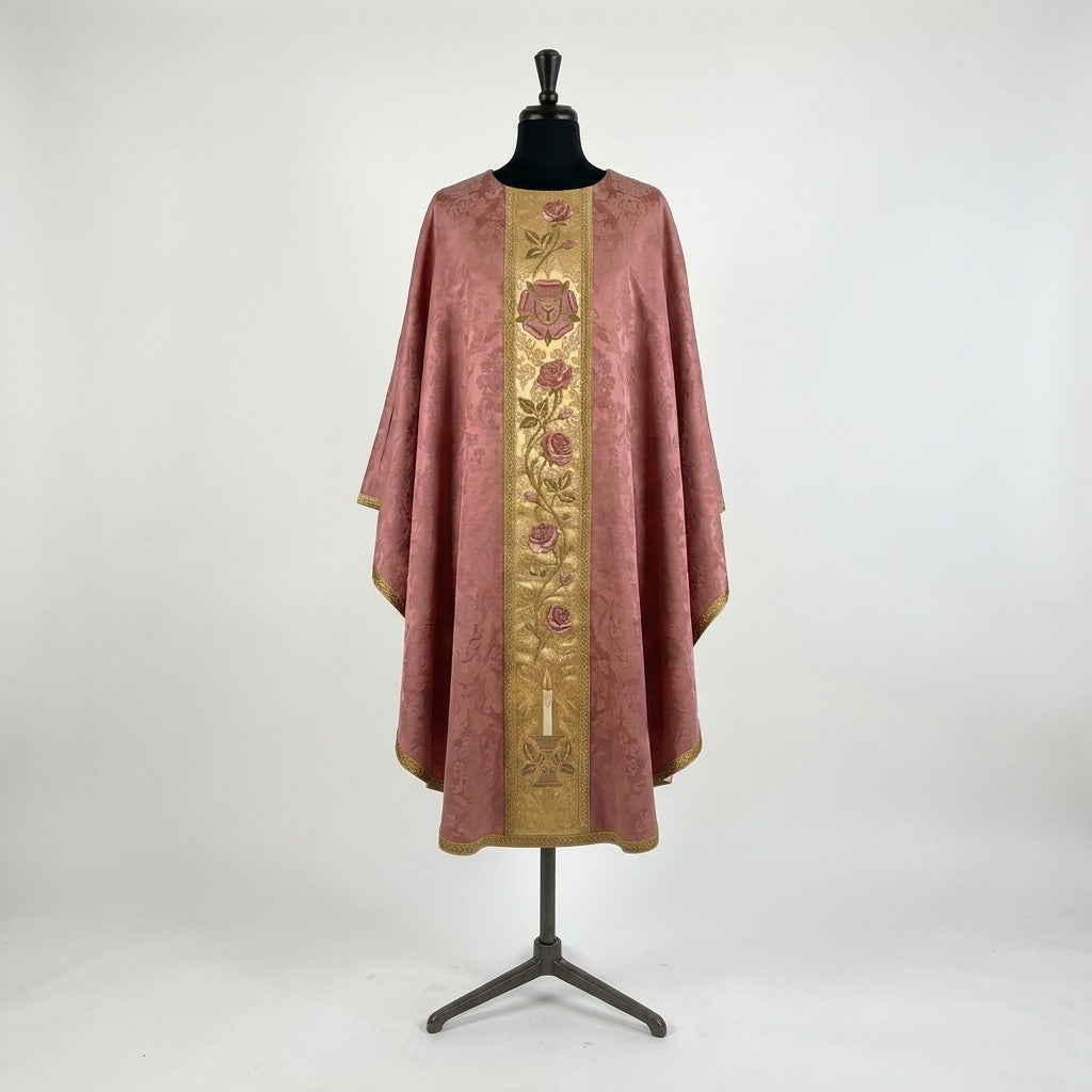 Front of a rose damask chasuble with a gold column orphrey: a heraldic rose bearing a cross, a climbing rose vine and a lit candle at the hem