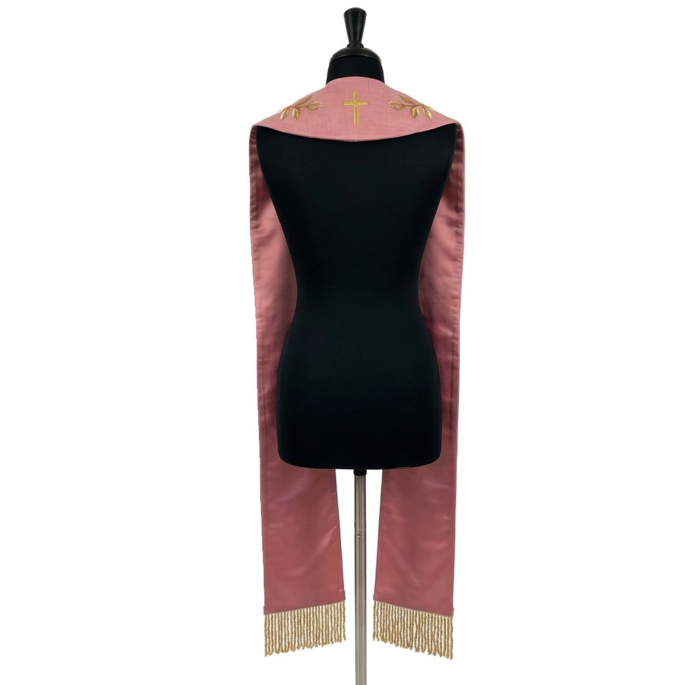 Back view of the rose stole showing a small gold leaf and cross motif at the centre back neck.