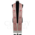 Rose pink striped stole on a mannequin, silver cross, star ribbon trail and roses on both panels.