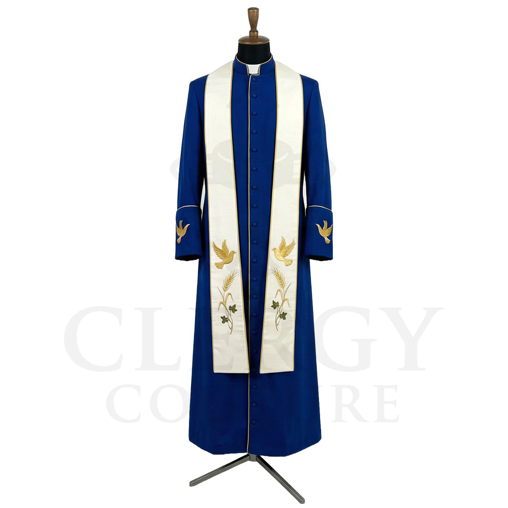 Front view of a royal blue clergy cassock robe worn with the optional cream stole embroidered with gold doves and wheat.