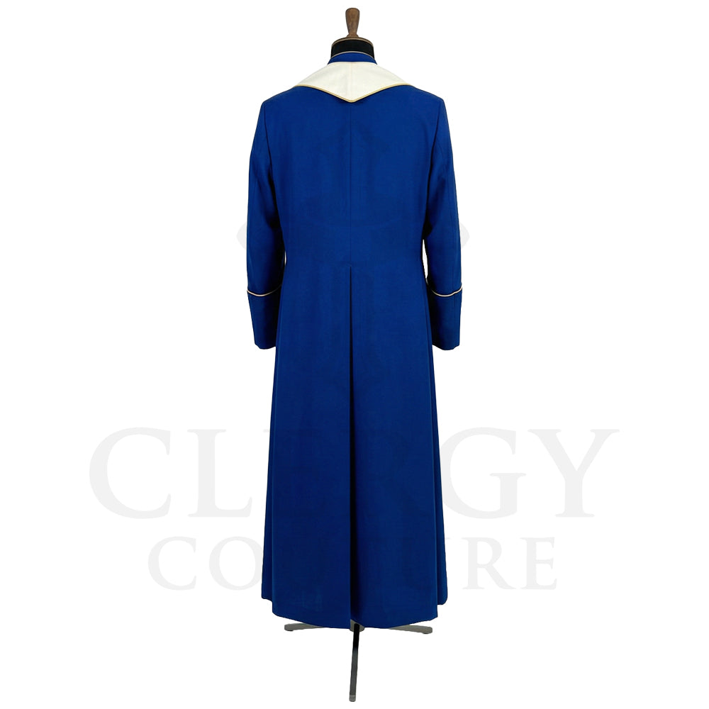 Back view of the royal blue cassock robe without the stole, showing the pointed cream yoke across the shoulders.
