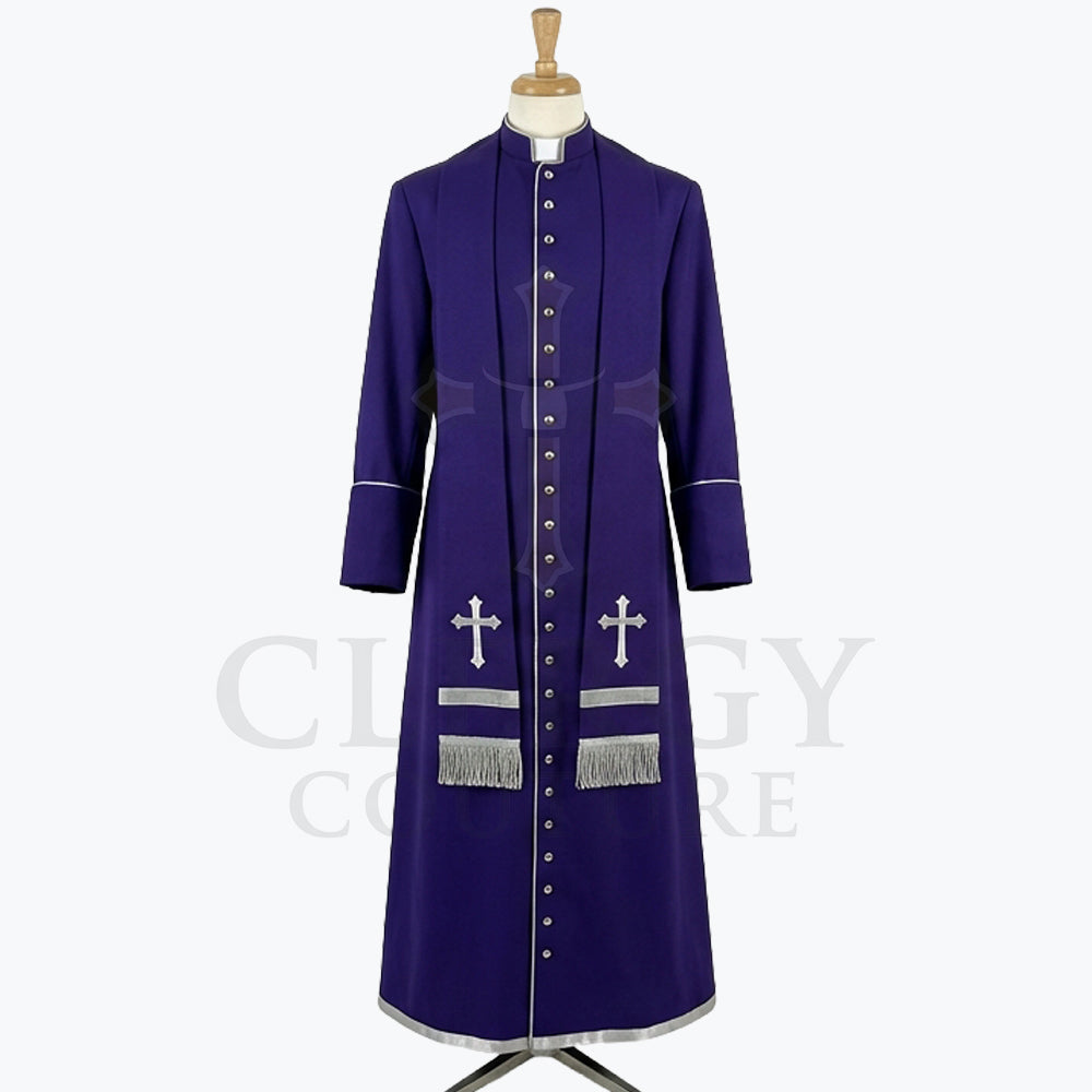 Front view of a royal purple clergy cassock robe with embroidered silver crosses and silver-fringed bands at the chest.