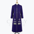 Front view of a royal purple clergy cassock robe with embroidered silver crosses and silver-fringed bands at the chest.