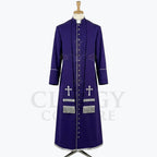 Front view of a royal purple clergy cassock robe with embroidered silver crosses and silver-fringed bands at the chest.