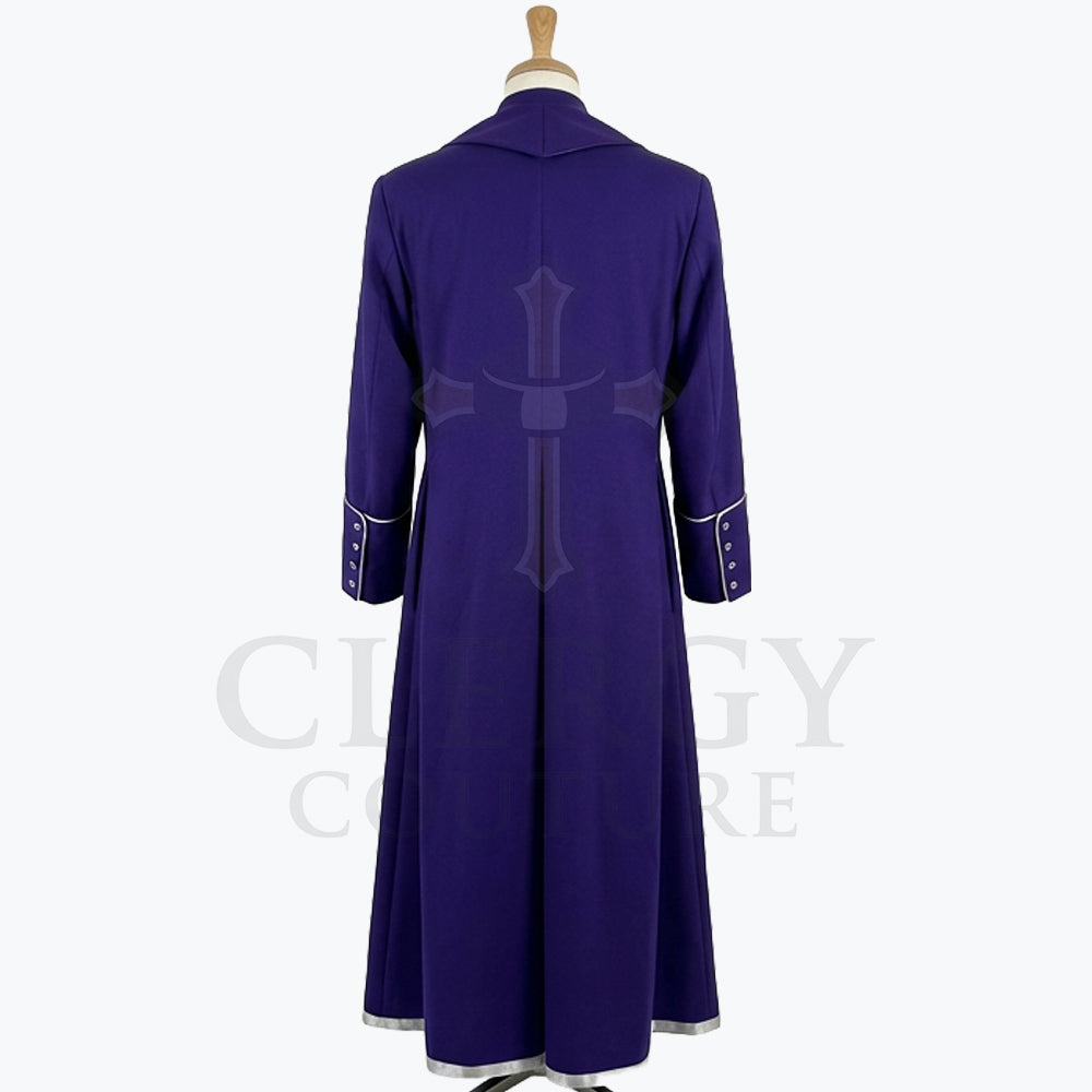 Back view of the royal purple cassock robe, showing the plain back and the centre vent through the skirt.