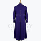 Back view of the royal purple cassock robe, showing the plain back and the centre vent through the skirt.