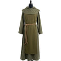 Front view of a sage green cotton monk habit with a tonal olive scapular and a wide cape collar.