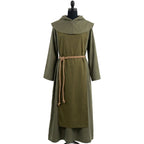 Front view of a sage green cotton monk habit with a tonal olive scapular and a wide cape collar.