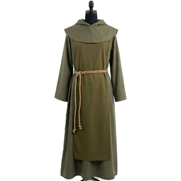 Front view of a sage green cotton monk habit with a tonal olive scapular and a wide cape collar.