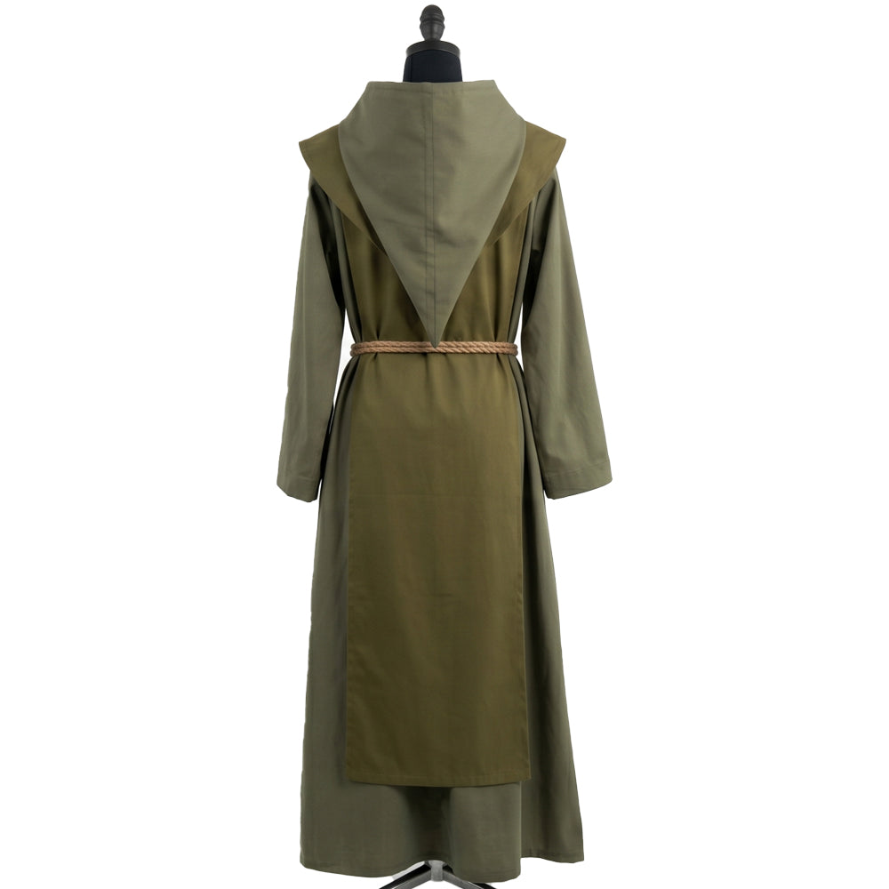 Back view of the sage habit showing the matching olive scapular panel beneath the cape collar.