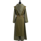 Back view of the sage habit showing the matching olive scapular panel beneath the cape collar.