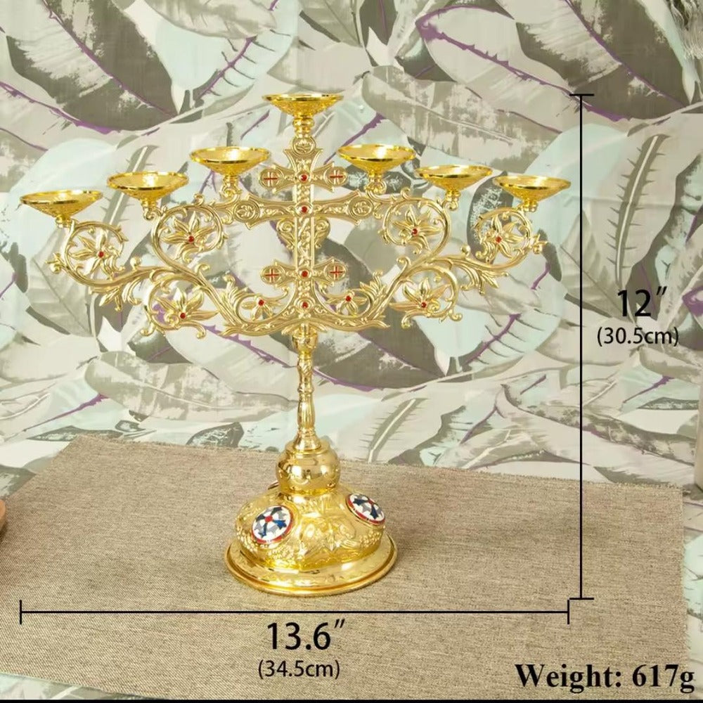 Dimension sheet: candelabra 12 inches or 30.5 cm high and 13.6 inches or 34.5 cm wide, weight 617 g