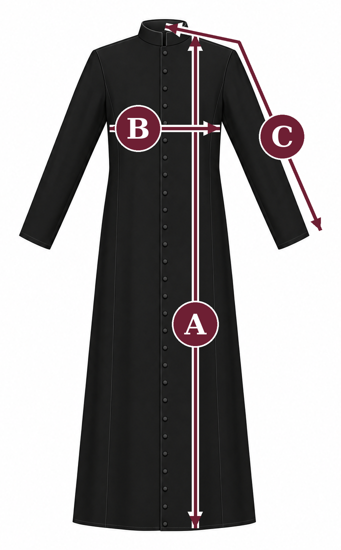 How to measure for a cassock robe: A robe length from the nape to the hem, B chest under the arms, C sleeve length from the centre back of the neck over the shoulder to the wrist
