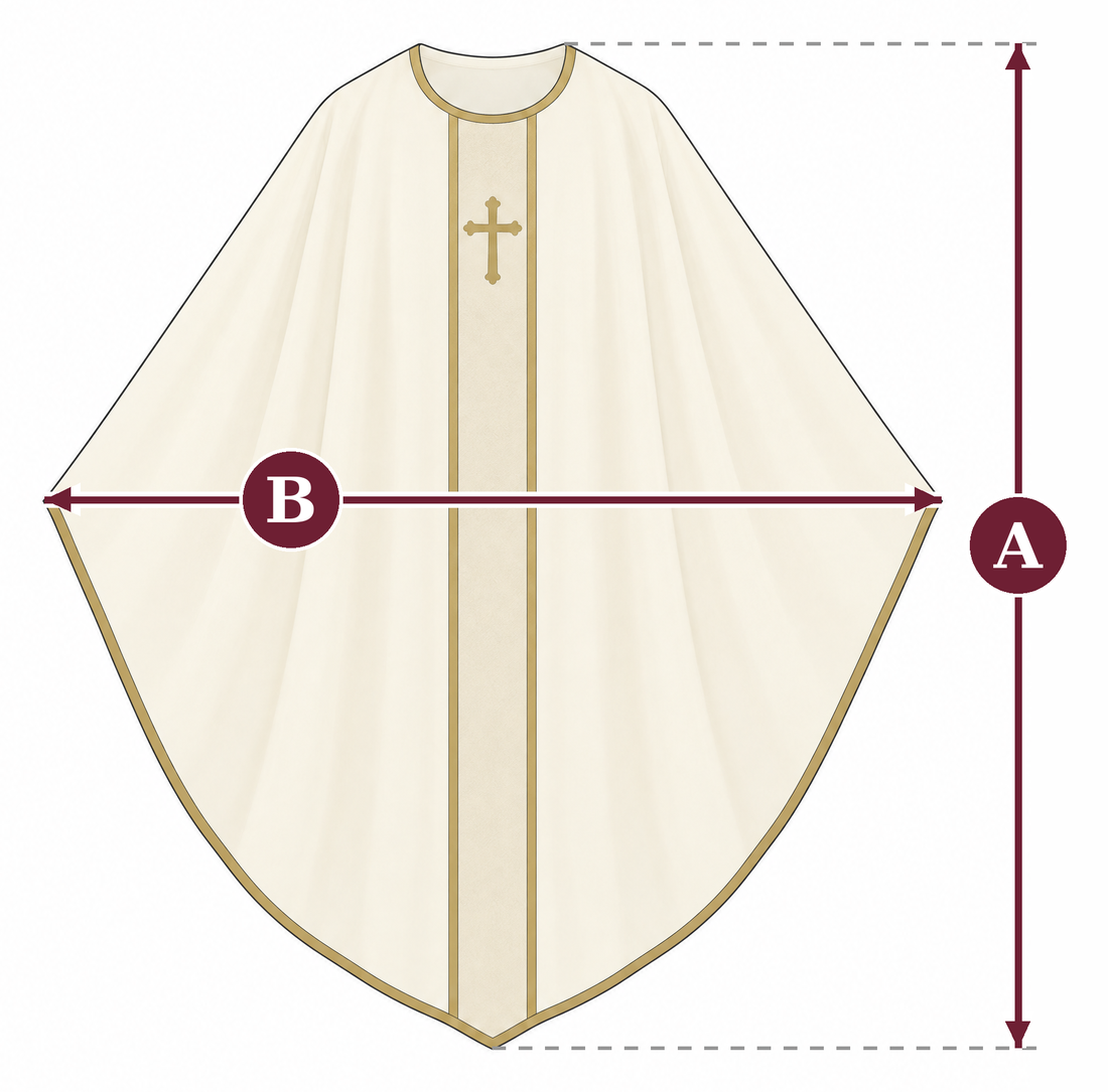 How to measure a chasuble: A is the back length from the shoulder at the neck to the hem, B is the width across from hem tip to hem tip