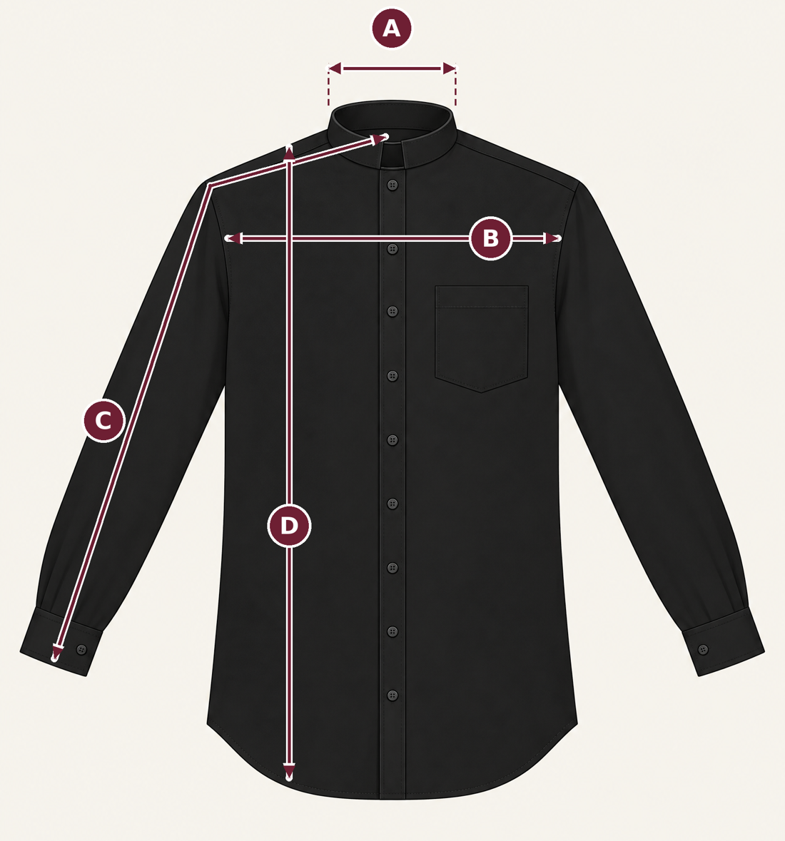 Clergy shirt measuring diagram: A neck across the collar, B chest under the arms, C sleeve from centre back of the neck over the shoulder to the wrist, D back length from the collar seam to the hem.