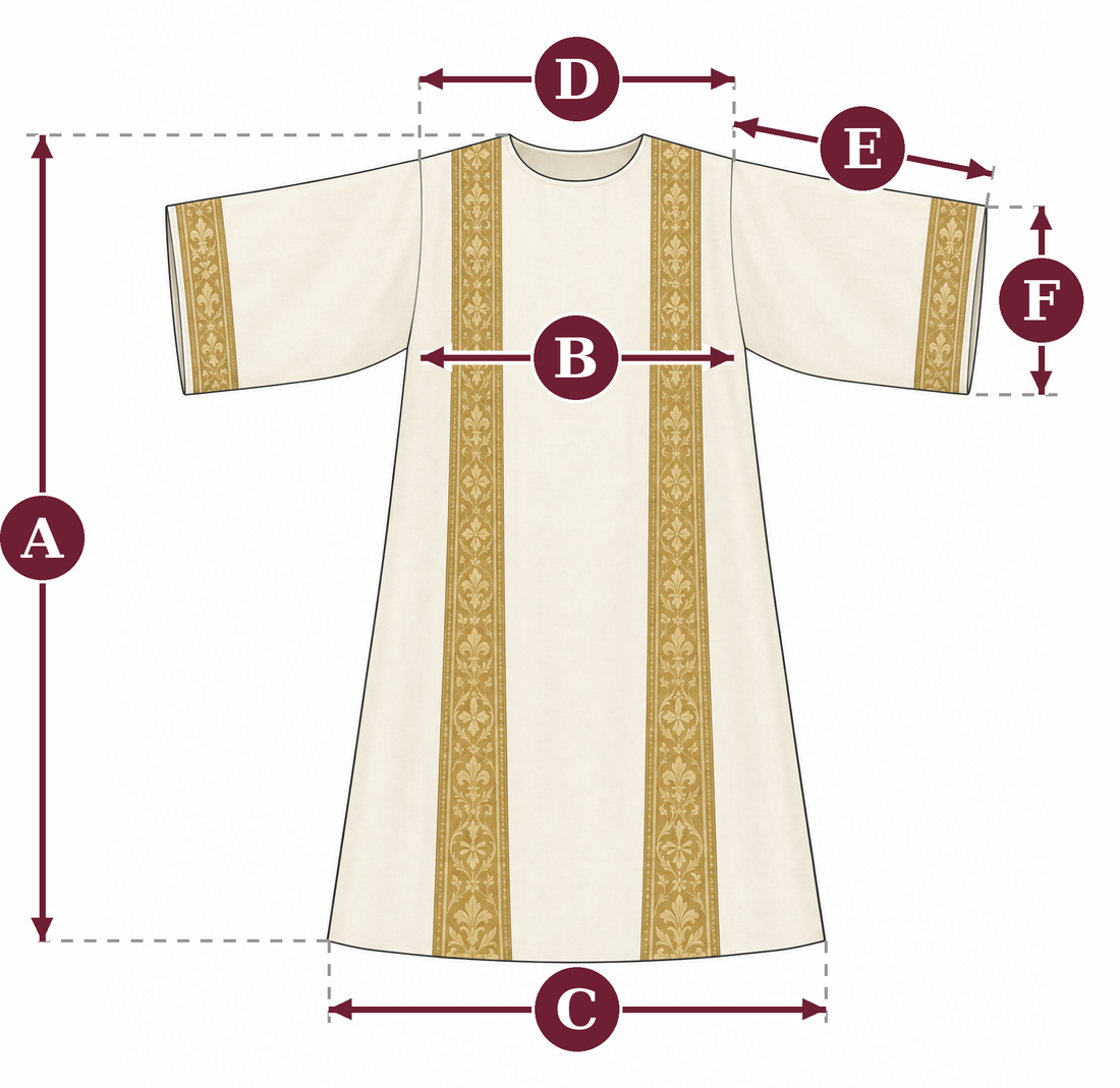 How a dalmatic is measured flat: A total length, B chest, C bottom, D shoulder, E sleeve length, F sleeve opening