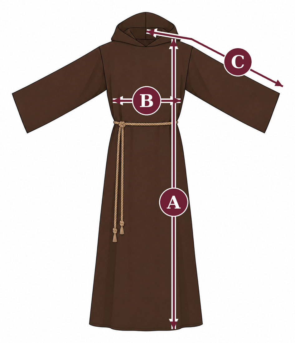 How to measure for a monk habit: A robe length from the nape to the hem, B chest under the arms, C sleeve length from the centre back of the neck over the shoulder to the wrist